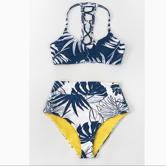 NEW Blue And White Leafy High Waisted Bikini Size Small - Picture 5 of 8